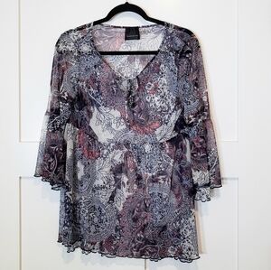 Lavender Sky Tunic Sheer Size Medium Dark Blue Coral & White Hi Low Ligh…